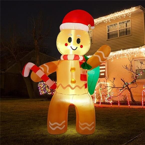 Christmas Inflatables 6 Ft Gingerbread Man with Gift Bag...